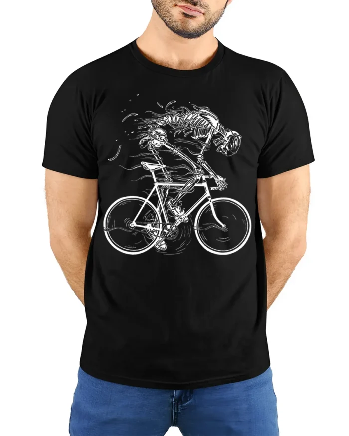Skeleton Riding Bike T-Shirt for Cyclists and Gothic Fans - model wearing black shirt, hands behind back