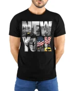 New York City Skyline T-Shirt with Statue and Flag Design - model wearing black shirt, hands behind back