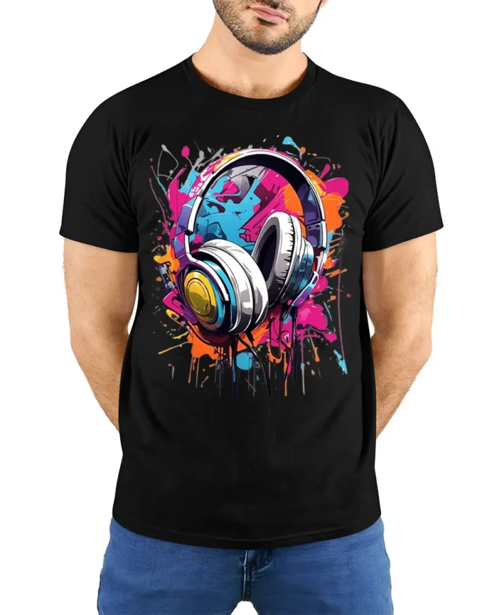 Colorful Headphones T-Shirt for Music Lovers and DJs - model wearing black shirt, hands behind back
