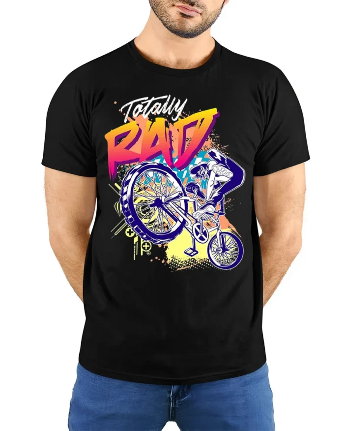 Totally Rad BMX Trick T-Shirt with 80s Retro Vibe Design - model wearing black shirt, hands behind back