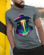 Psychedelic UFO Abduction Graphic T-Shirt for Space Fans - model in grey shirt leaning against column