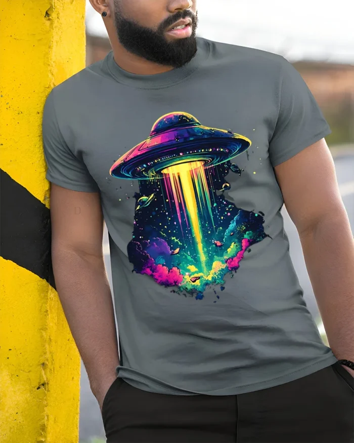 Psychedelic UFO Abduction Graphic T-Shirt for Space Fans - model in grey shirt leaning against column