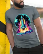Retro Neon Rocket Launch Graphic T-Shirt for Space Lovers - model in grey shirt leaning against column