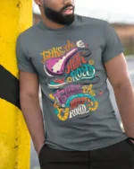 Take the High or Low Road Quote Graphic T-Shirt Unisex - model in grey shirt leaning against column