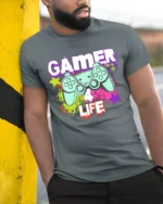 Gamer 4 Life Retro Controller Graphic T-Shirt for Gamers - model in grey shirt leaning against column