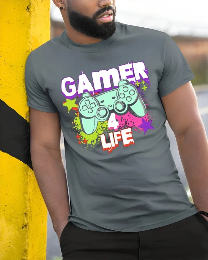 Gamer 4 Life Retro Controller Graphic T-Shirt for Gamers - model in grey shirt leaning against column