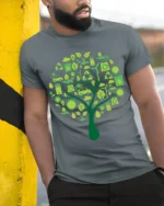 Eco Tree T-Shirt with Green Energy and Sustainability Icons - model in grey shirt leaning against column