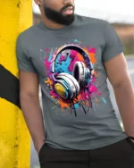 Colorful Headphones T-Shirt for Music Lovers and DJs - model in grey shirt leaning against column