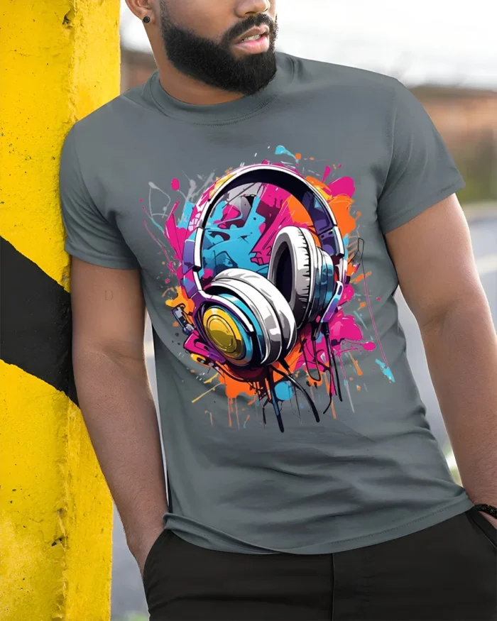Colorful Headphones T-Shirt for Music Lovers and DJs - model in grey shirt leaning against column