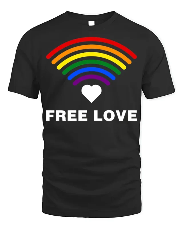 Free Love Rainbow Heart LGBTQ Pride T-Shirt Unisex Soft - black t-shirt on white background