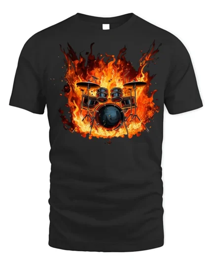Flaming Drum Set T-Shirt Fire Music Graphic for Drummers - black t-shirt on white background