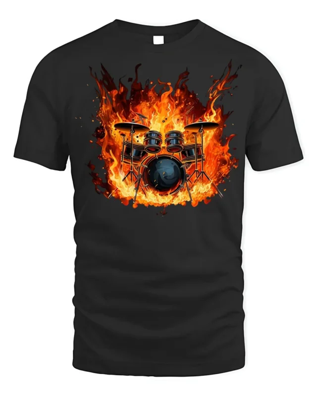 Flaming Drum Set T-Shirt Fire Music Graphic for Drummers - black t-shirt on white background