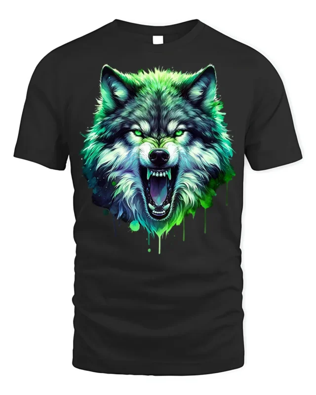 Neon Wolf T-Shirt Fierce Glowing Wild Animal Graphic - black t-shirt on white background