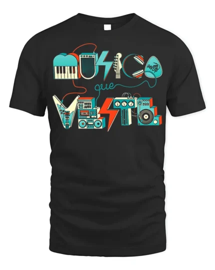 Retro Musica Que Viste T-Shirt Vintage Music Graphic - black t-shirt on white background