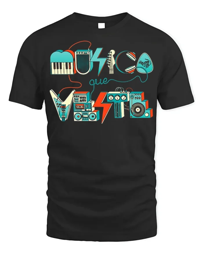 Retro Musica Que Viste T-Shirt Vintage Music Graphic - black t-shirt on white background