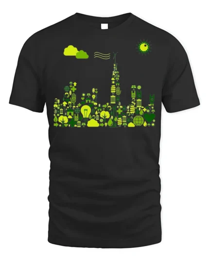 Eco City Skyline T-Shirt Sustainable Green Energy - black t-shirt on white background
