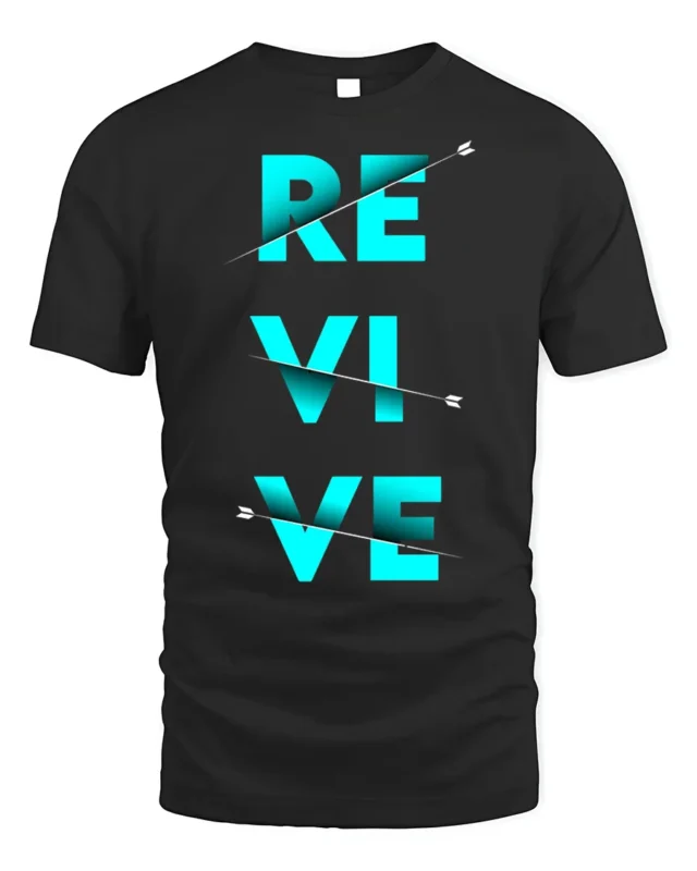 Revive Graphic T-Shirt Bold Blue Motivational Arrow - black t-shirt on white background