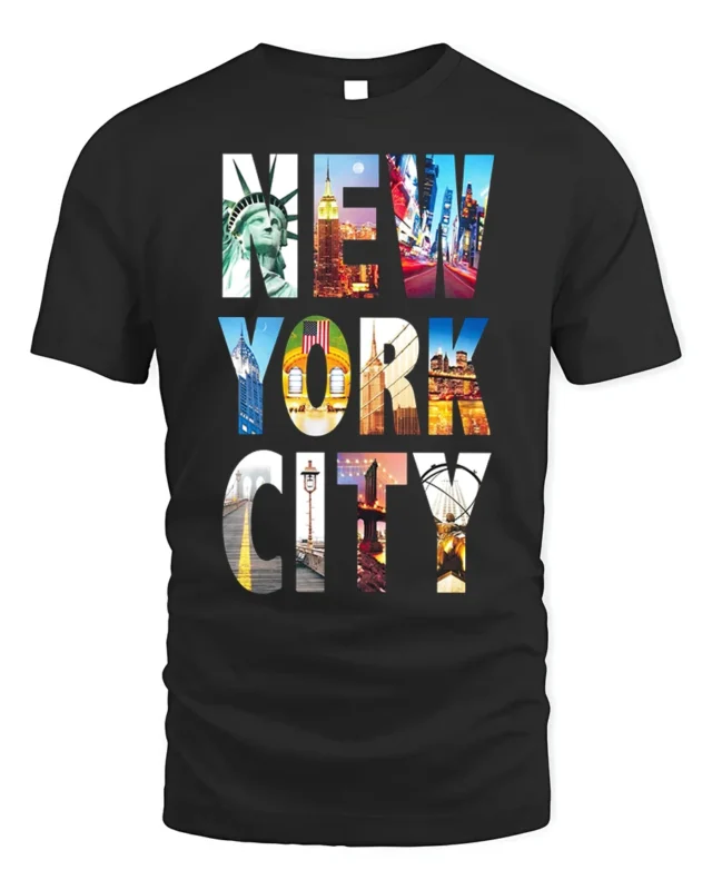 New York City Landmarks T-Shirt NYC Skyline Graphic - black t-shirt on white background