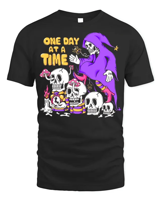 One Day at a Time Skeleton T-Shirt Grim Reaper Graphic - black t-shirt on white background