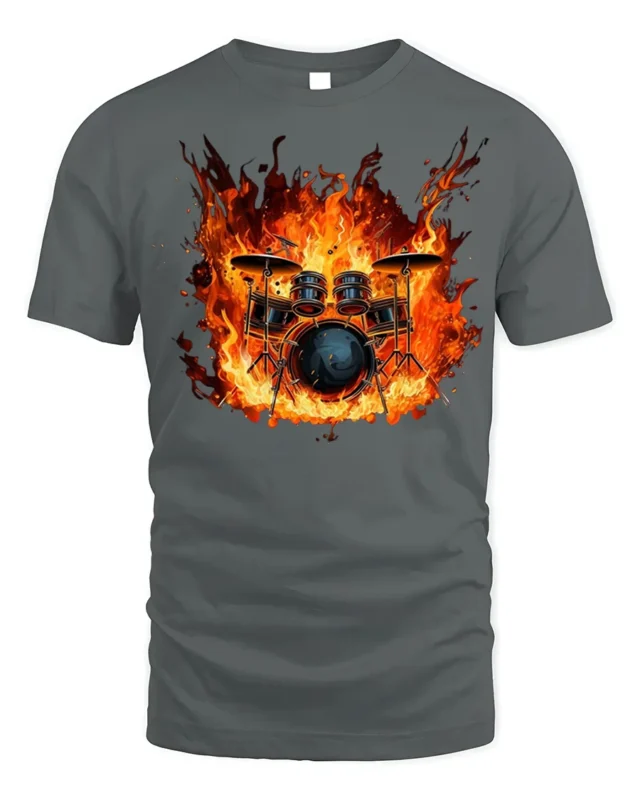 Flaming Drum Set T-Shirt Fire Music Graphic for Drummers - gray t-shirt on white background