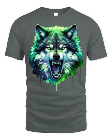 Neon Wolf T-Shirt Fierce Glowing Wild Animal Graphic - gray t-shirt on white background