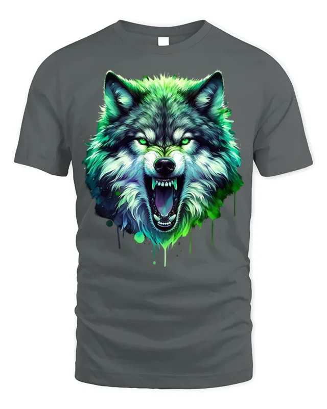 Neon Wolf T-Shirt Fierce Glowing Wild Animal Graphic - gray t-shirt on white background