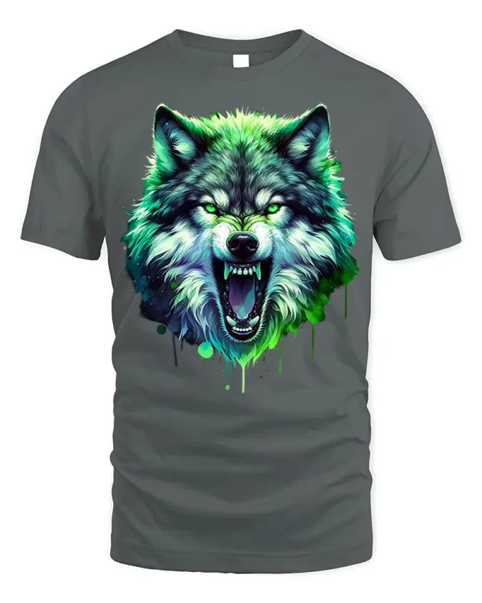 Neon Wolf T-Shirt Fierce Glowing Wild Animal Graphic - gray t-shirt on white background