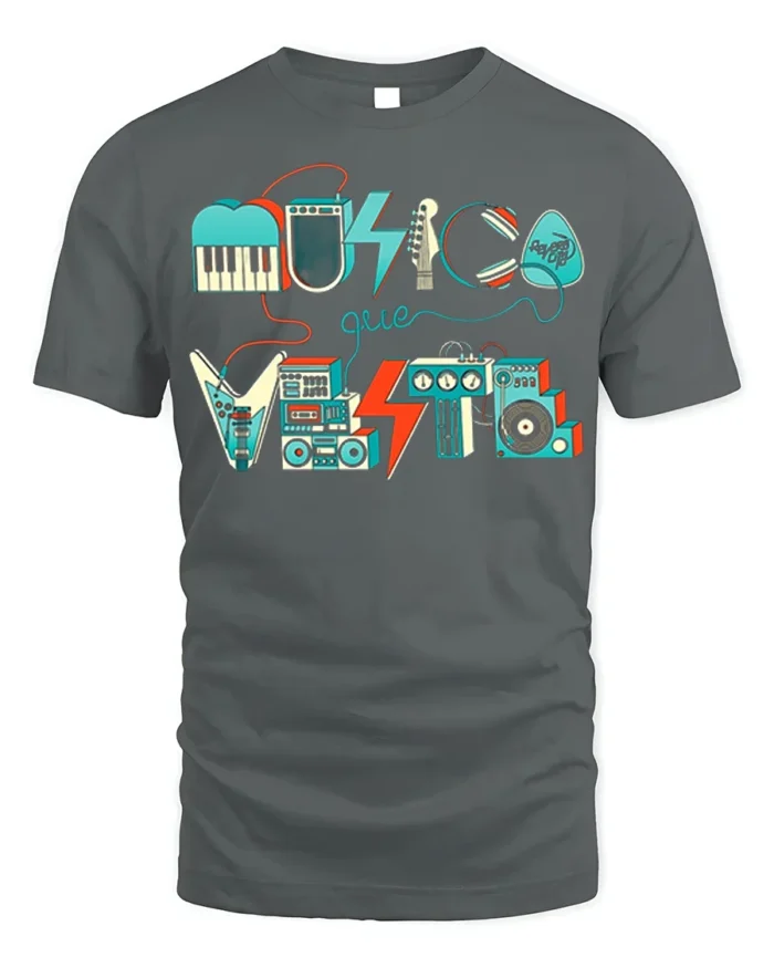 Retro Musica Que Viste T-Shirt Vintage Music Graphic - gray t-shirt on white background