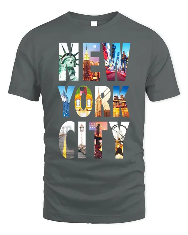 New York City Landmarks T-Shirt NYC Skyline Graphic - gray t-shirt on white background
