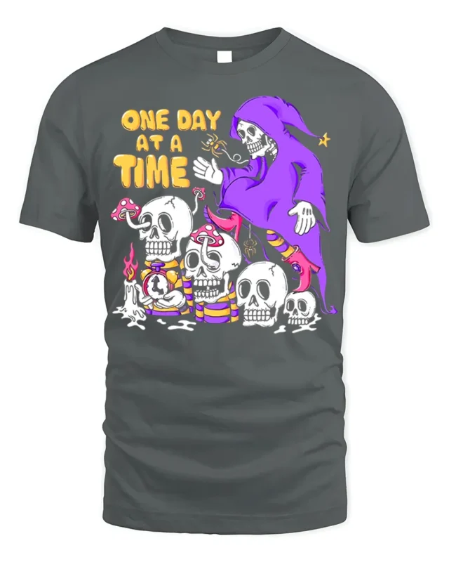 One Day at a Time Skeleton T-Shirt Grim Reaper Graphic - gray t-shirt on white background