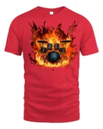 Flaming Drum Set T-Shirt Fire Music Graphic for Drummers - red t-shirt on white background