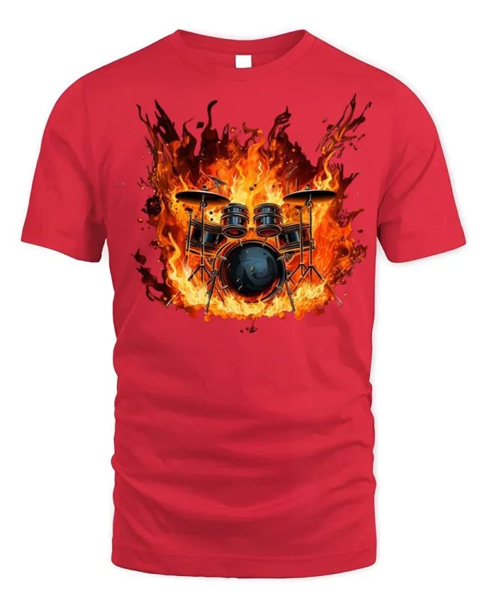 Flaming Drum Set T-Shirt Fire Music Graphic for Drummers - red t-shirt on white background
