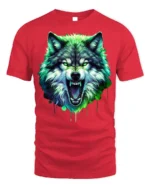 Neon Wolf T-Shirt Fierce Glowing Wild Animal Graphic - red t-shirt on white background