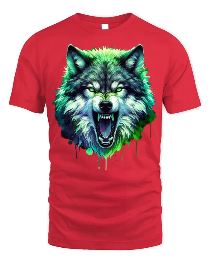 Neon Wolf T-Shirt Fierce Glowing Wild Animal Graphic - red t-shirt on white background