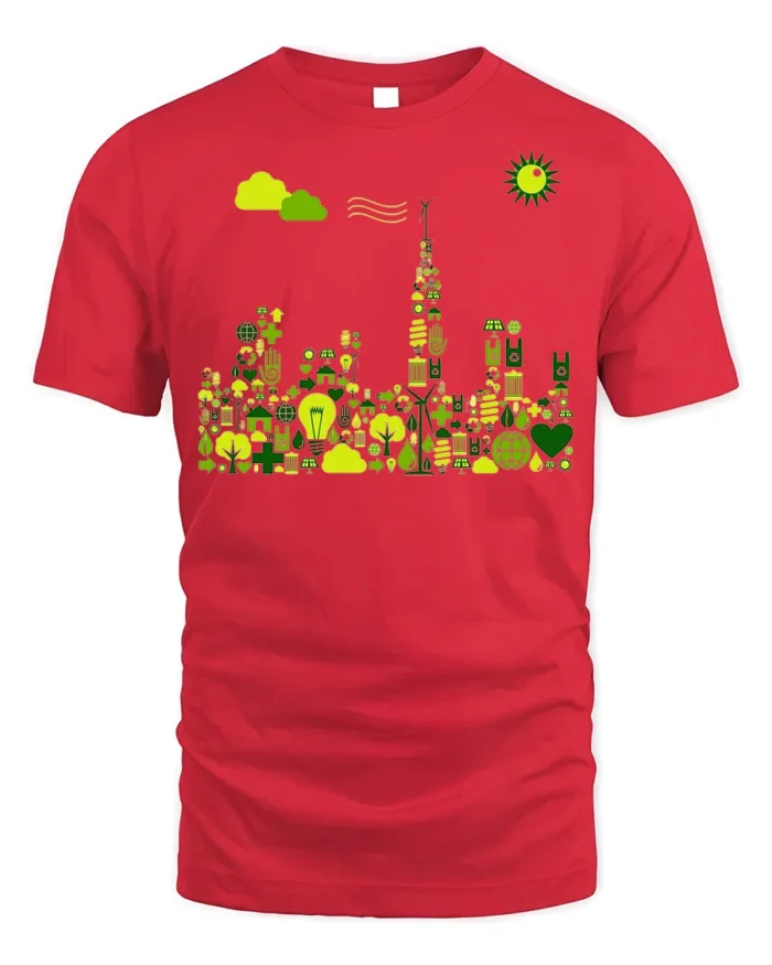 Eco City Skyline T-Shirt Sustainable Green Energy - red t-shirt on white background