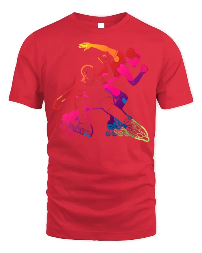 Colorful Inline Skating T-Shirt Rollerblade Action - red t-shirt on white background