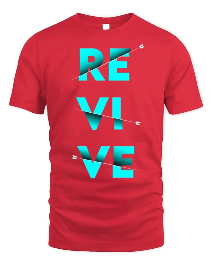 Revive Graphic T-Shirt Bold Blue Motivational Arrow - red t-shirt on white background