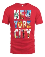 New York City Landmarks T-Shirt NYC Skyline Graphic - red t-shirt on white background