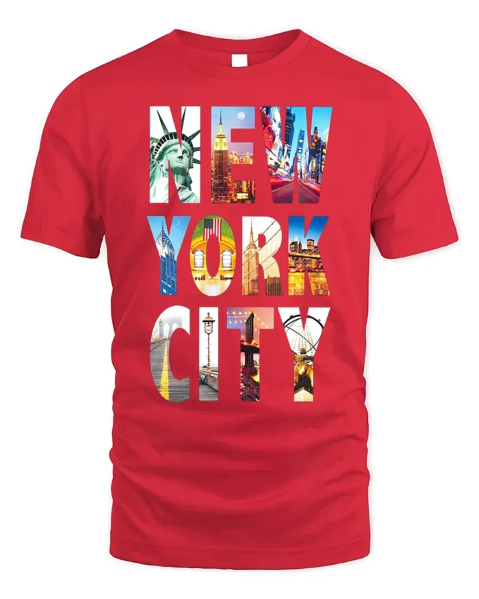 New York City Landmarks T-Shirt NYC Skyline Graphic - red t-shirt on white background