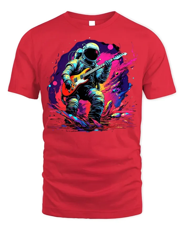 Astronaut Playing Guitar T-Shirt Space Rock Music - red t-shirt on white background