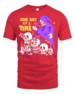 One Day at a Time Skeleton T-Shirt Grim Reaper Graphic - red t-shirt on white background