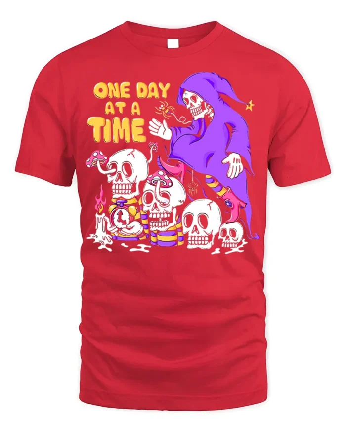 One Day at a Time Skeleton T-Shirt Grim Reaper Graphic - red t-shirt on white background