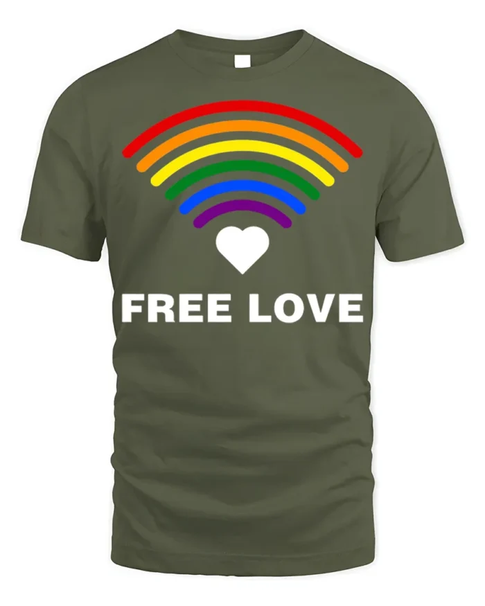 Free Love Rainbow Heart LGBTQ Pride T-Shirt Unisex Soft - military green t-shirt on white background