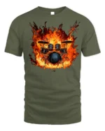 Flaming Drum Set T-Shirt Fire Music Graphic for Drummers - military green t-shirt on white background
