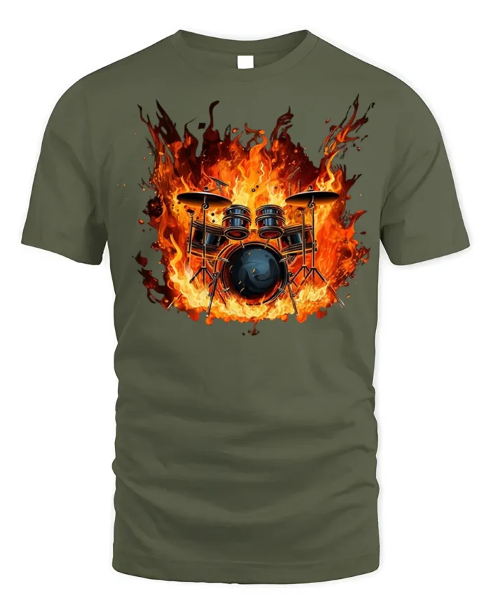 Flaming Drum Set T-Shirt Fire Music Graphic for Drummers - military green t-shirt on white background