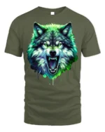 Neon Wolf T-Shirt Fierce Glowing Wild Animal Graphic - military green t-shirt on white background