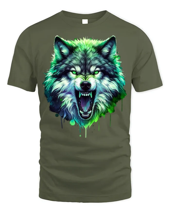 Neon Wolf T-Shirt Fierce Glowing Wild Animal Graphic - military green t-shirt on white background