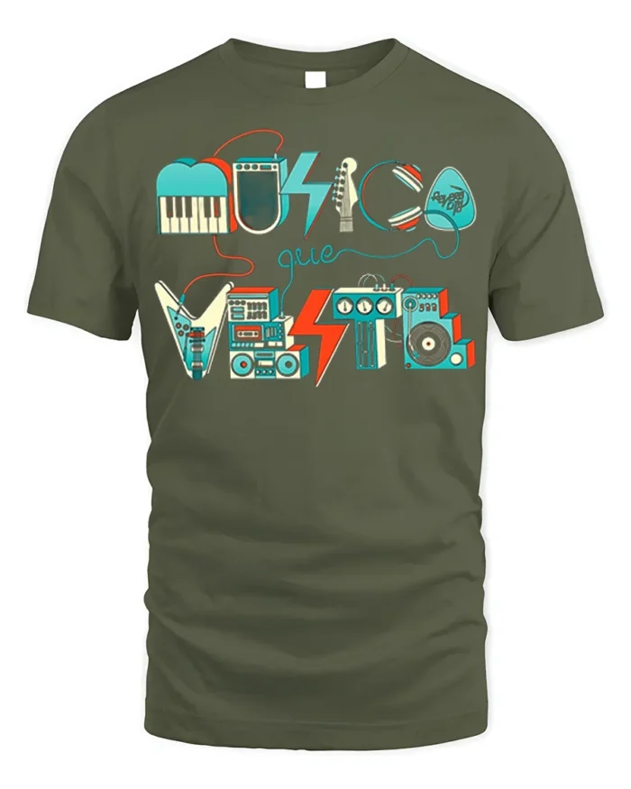 Retro Musica Que Viste T-Shirt Vintage Music Graphic - military green t-shirt on white background