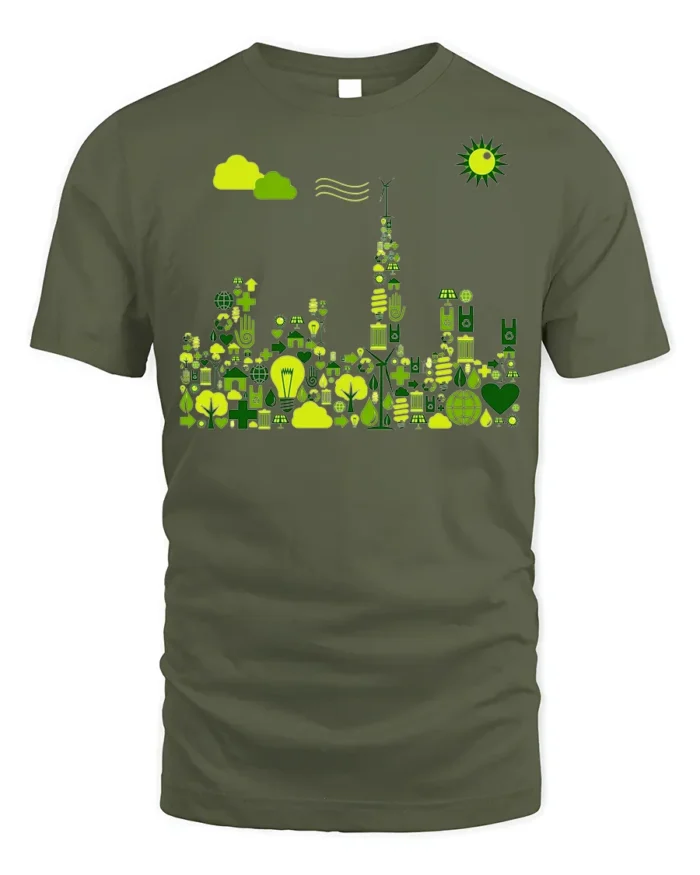 Eco City Skyline T-Shirt Sustainable Green Energy - military green t-shirt on white background