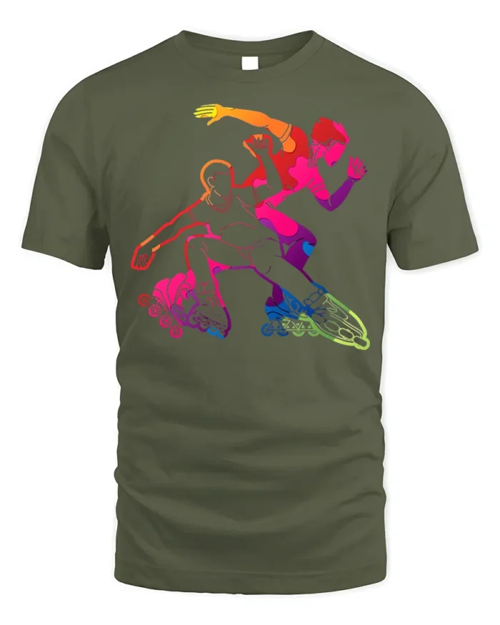 Colorful Inline Skating T-Shirt Rollerblade Action - military green t-shirt on white background